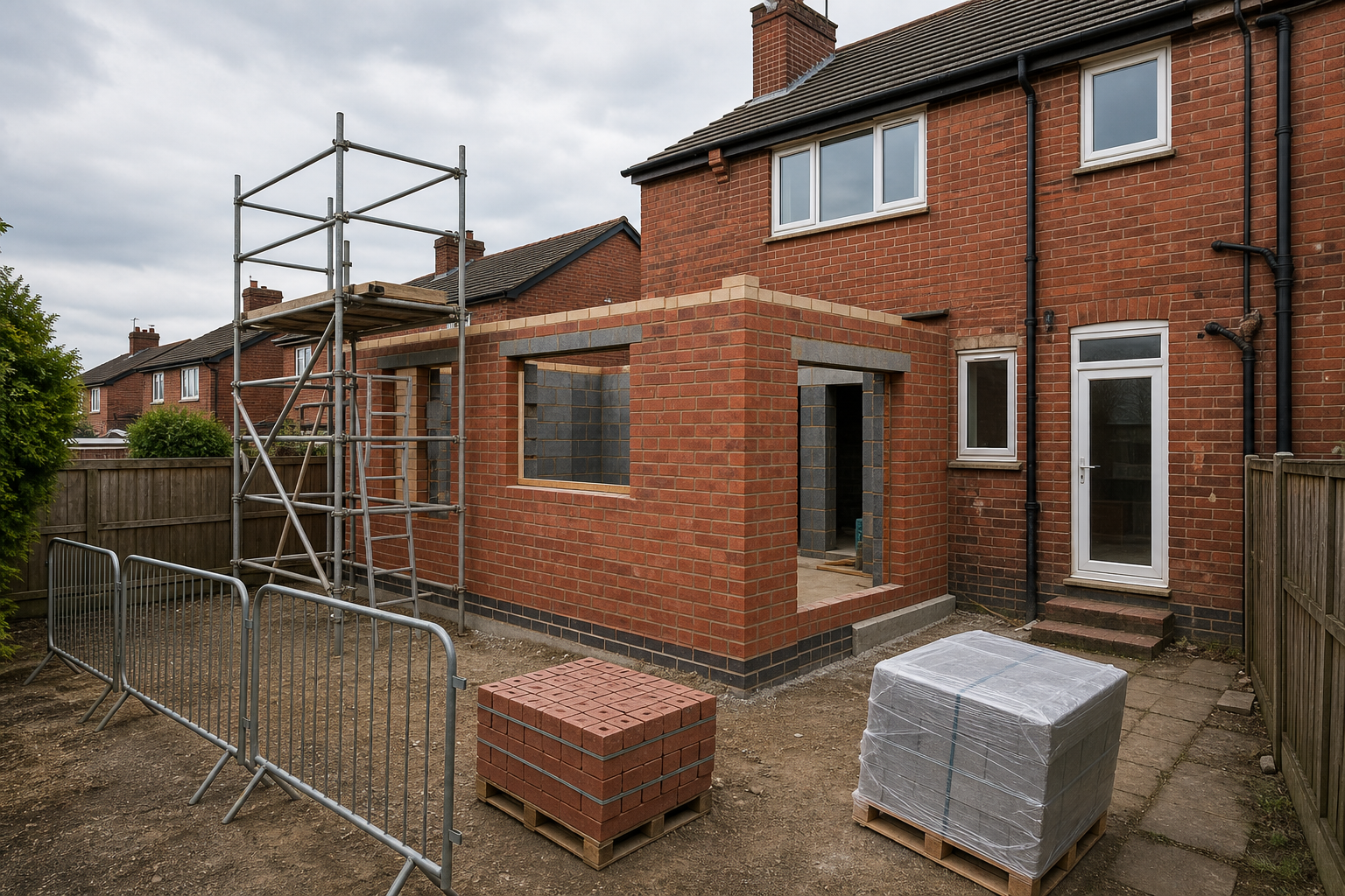 A house extension under construction with exposed brickwork, scaffolding, and building materials on a pallet.