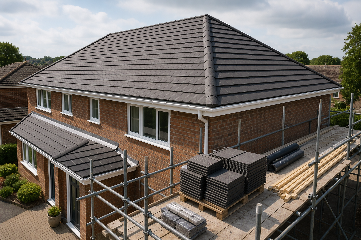 Brick house under construction with scaffolding and roofing materials on the side platform.