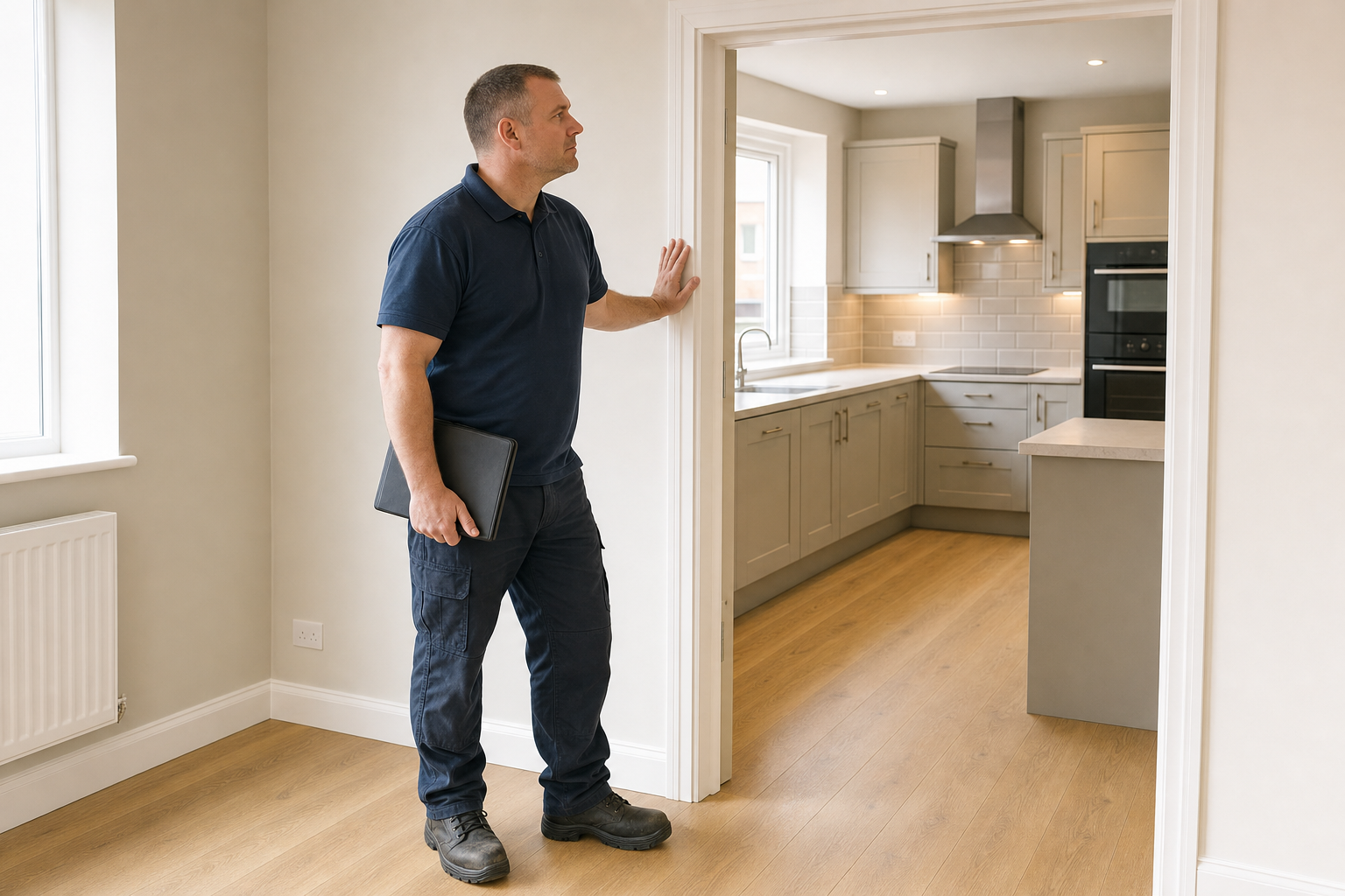 A man inspects a newly renovated kitchen while holding a tablet in a modern home.