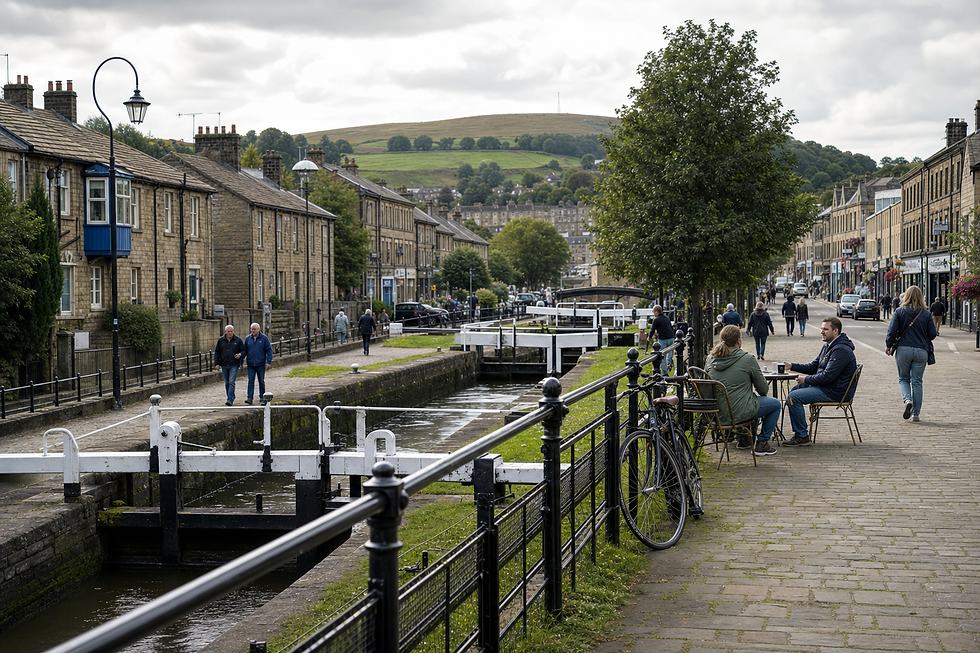 People walking and sitting beside a canal lock and cobblestone street lined with trees in a quaint British town.