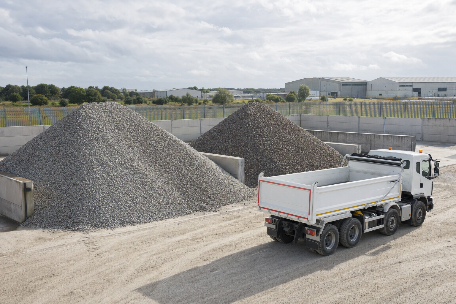 A tipper lorry parked next to large piles of gravel in an industrial storage area.