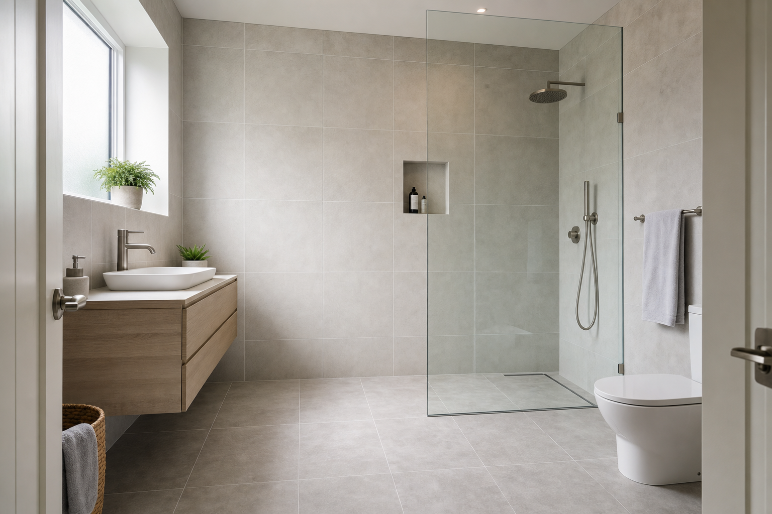 Modern bathroom with a glass shower, floating sink, and large window providing natural light.