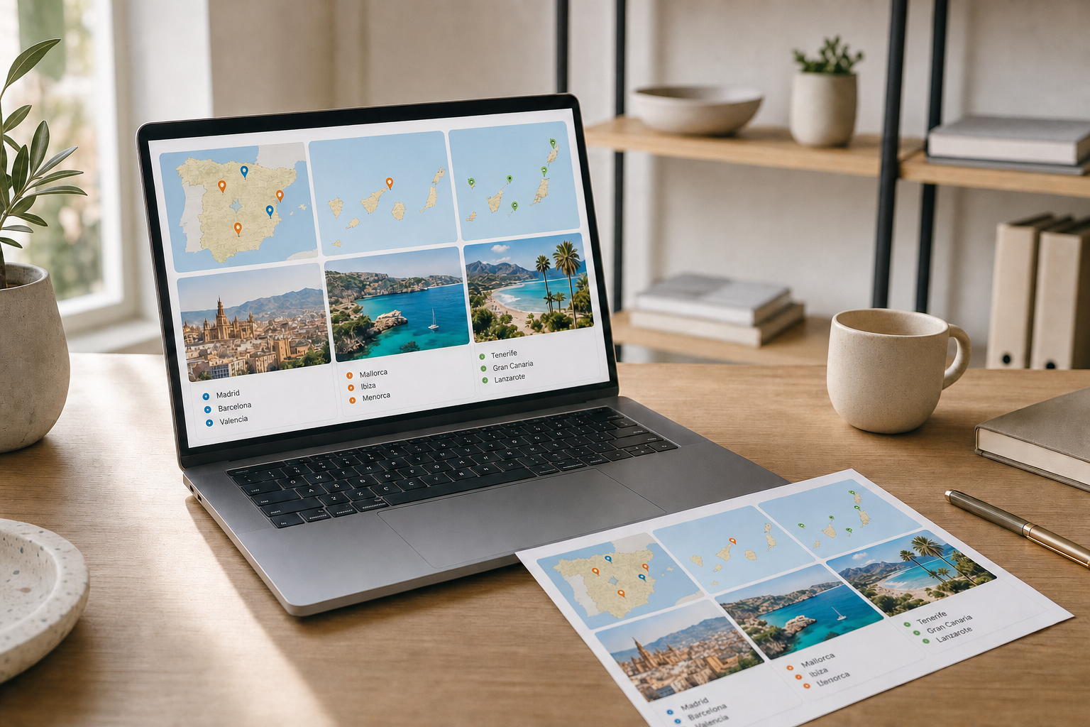 Laptop on a desk displaying a presentation about Spanish destinations with a paper copy beside it.