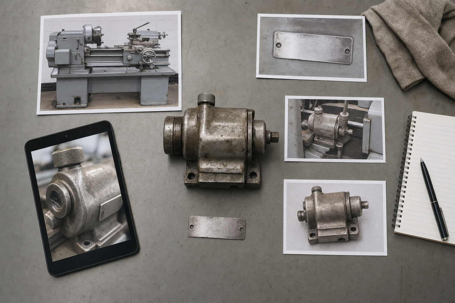 Metallic machine part on a table surrounded by photos, a tablet displaying a close-up, and a notepad with a pen.