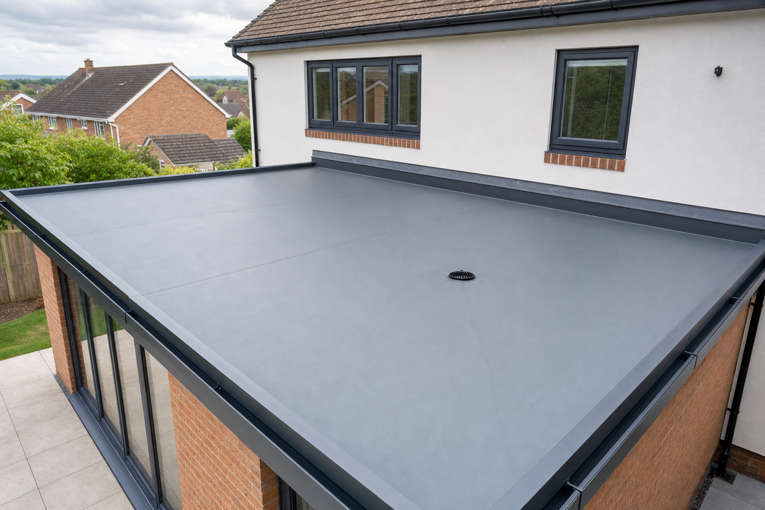 Modern flat roof extension with grey membrane and drainage vent on a suburban house.