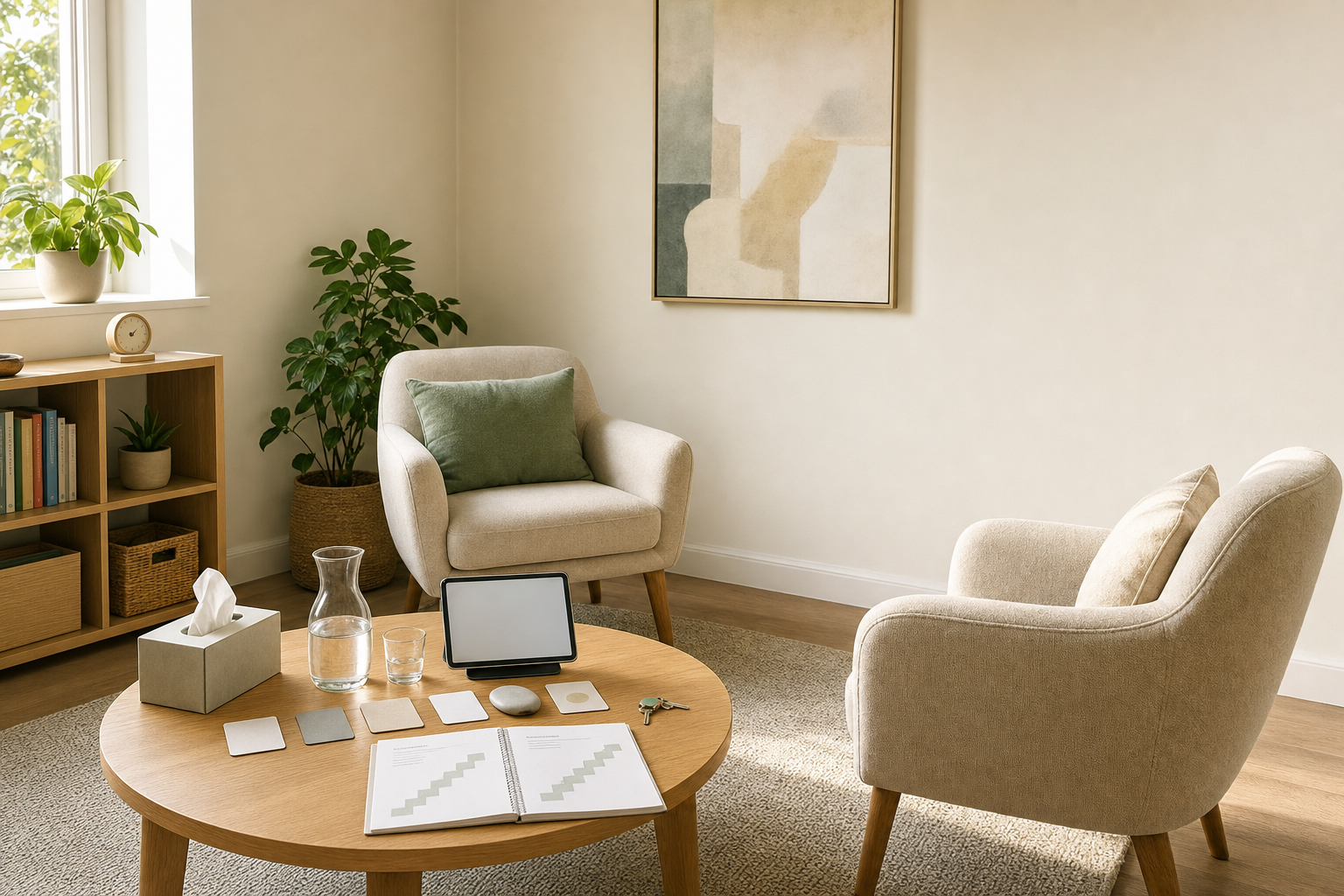 Cozy living room with beige armchairs, a wooden coffee table, and a modern bookshelf, bathed in natural light.