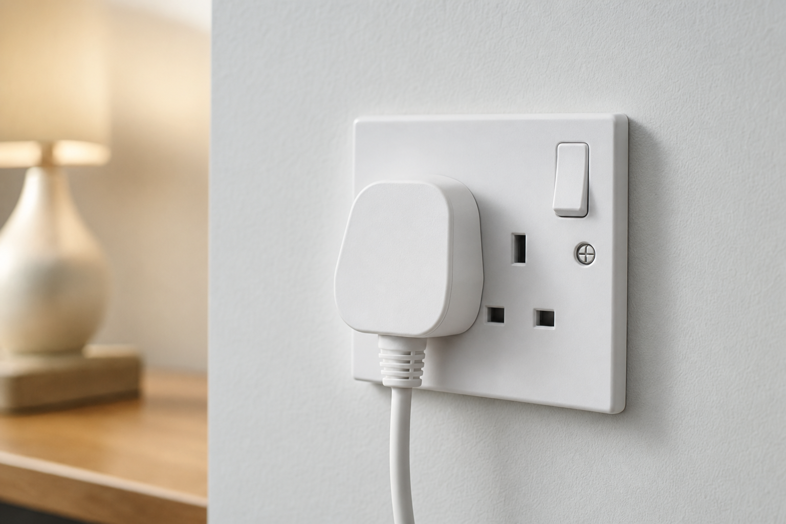 A UK plug socket with a white plug connected, situated on a light-coloured wall with a lamp in the background.