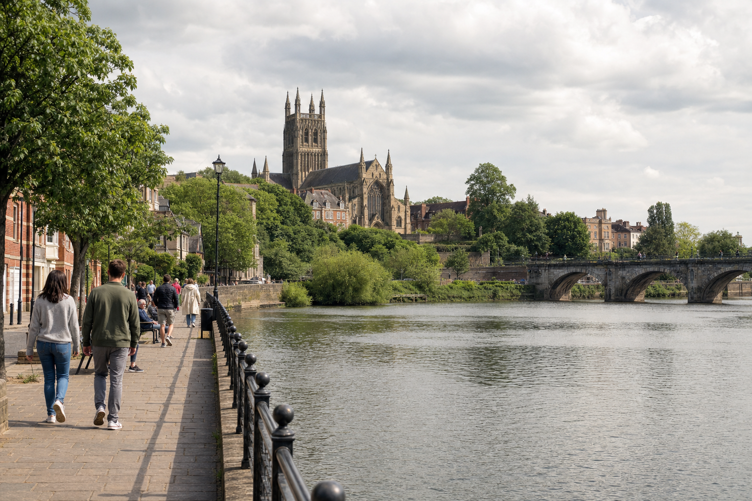 People strolling along a riverside path with a historic cathedral and bridge in the background under a cloudy sky.