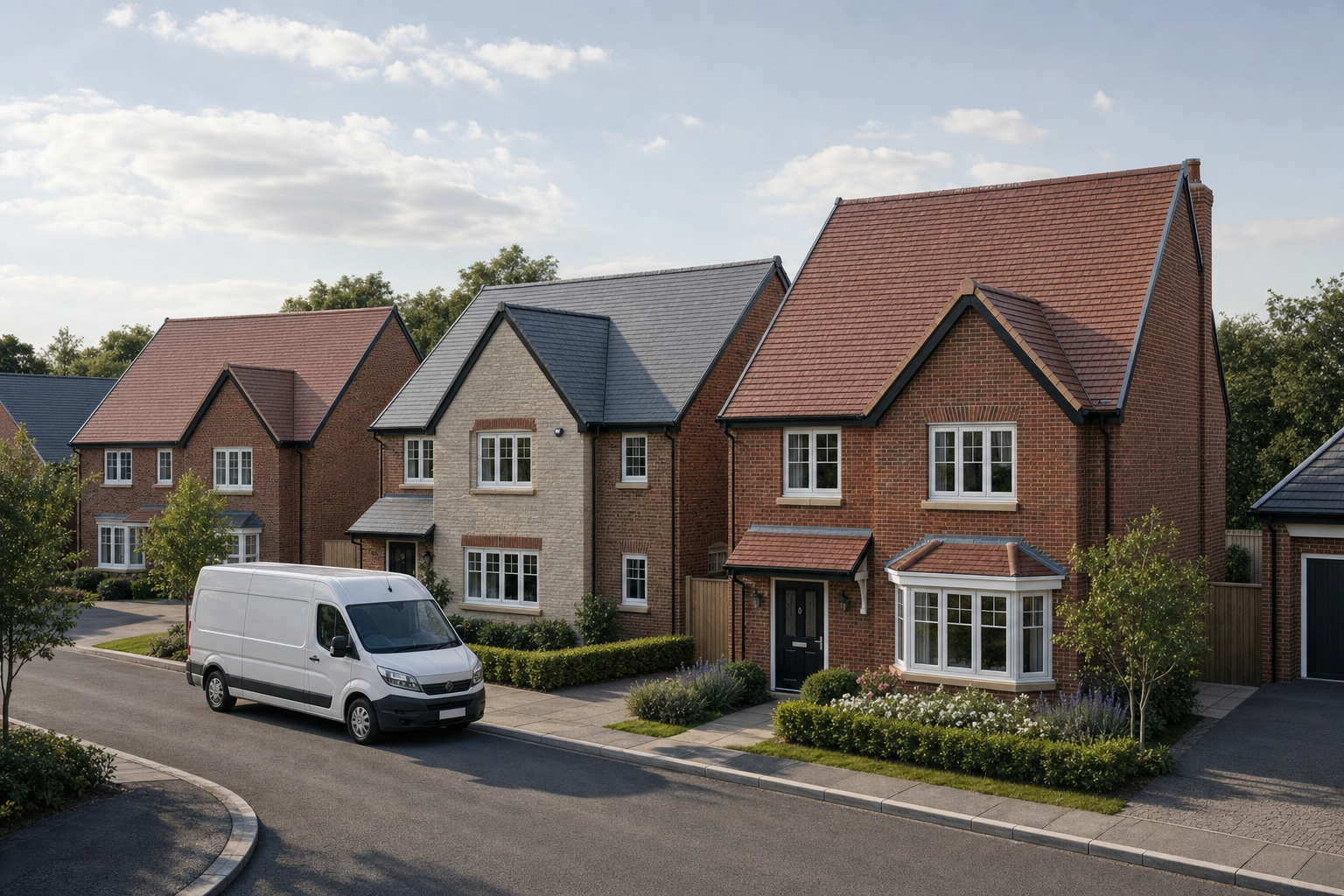 A row of modern detached houses with red brick and stone facades, next to a parked white van on a suburban street.