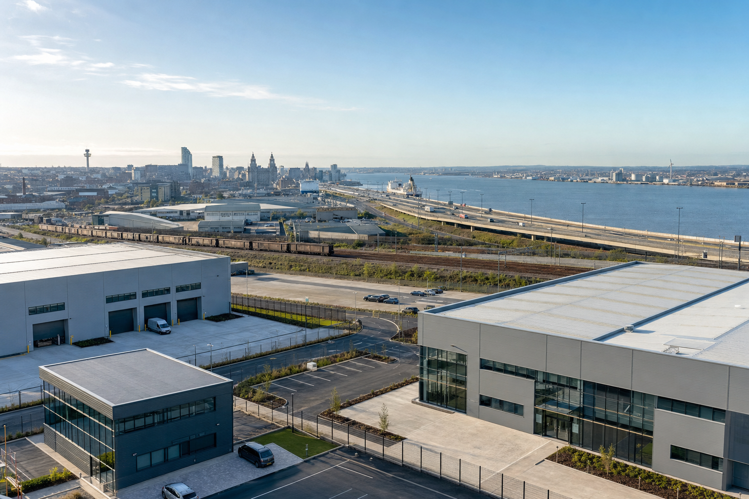 Industrial buildings with a riverside cityscape in the background, under a clear blue sky.