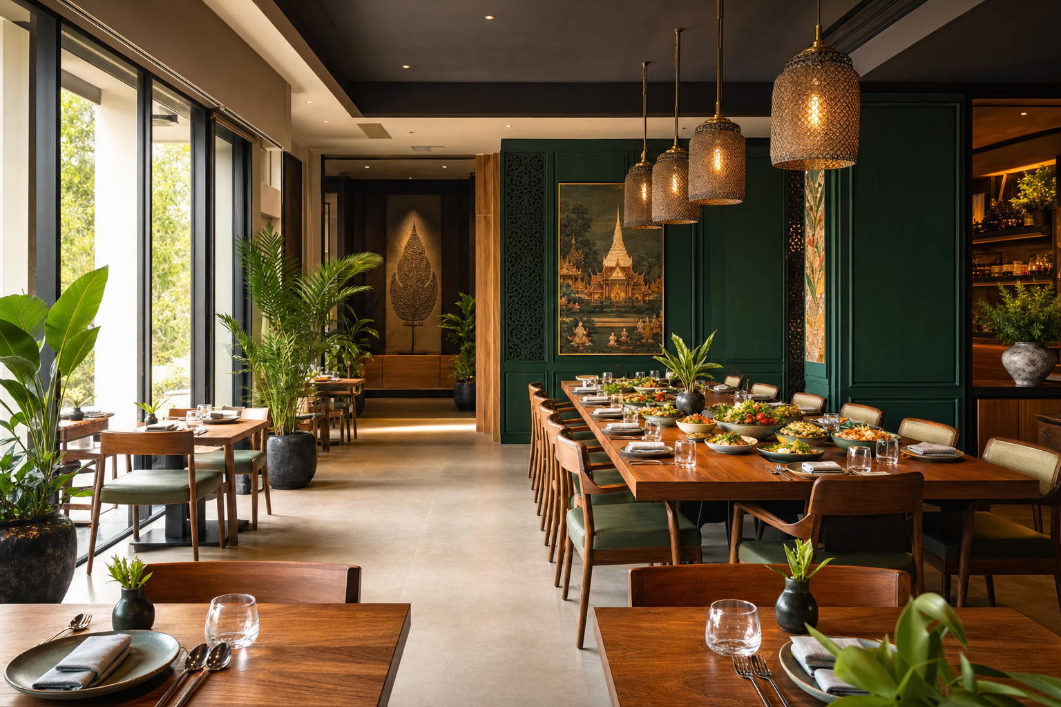 Elegant restaurant interior with wooden tables, lush plants, and pendant lights, set with dishes of colourful food.