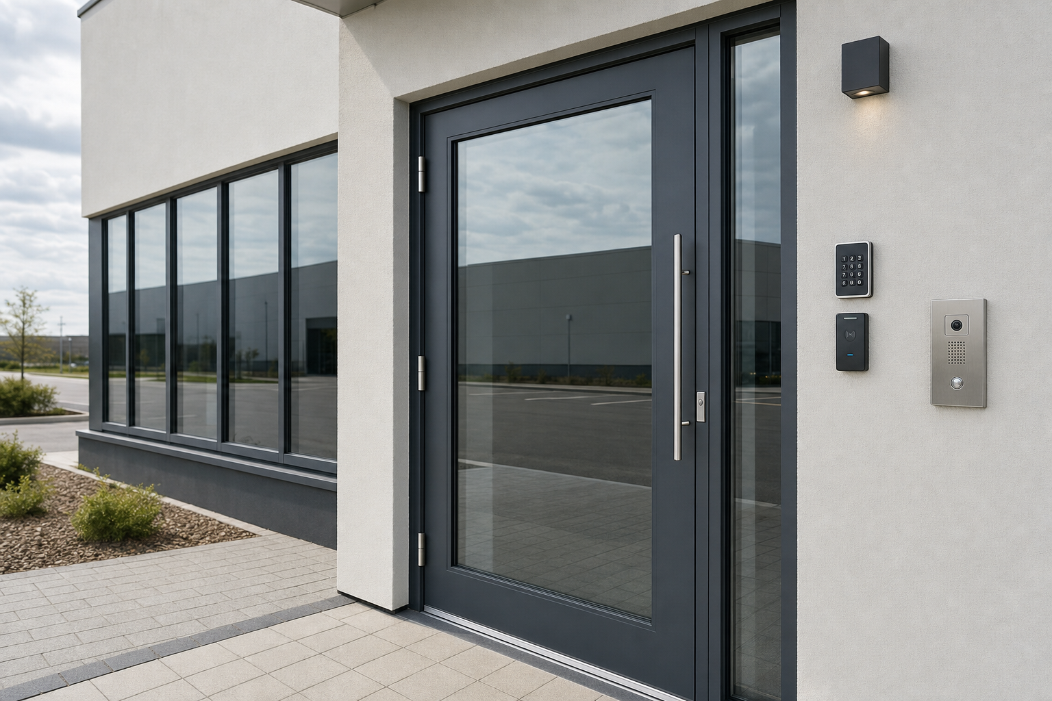 Modern grey office entrance with large glass doors, keypad entry, and an exterior light fixture.