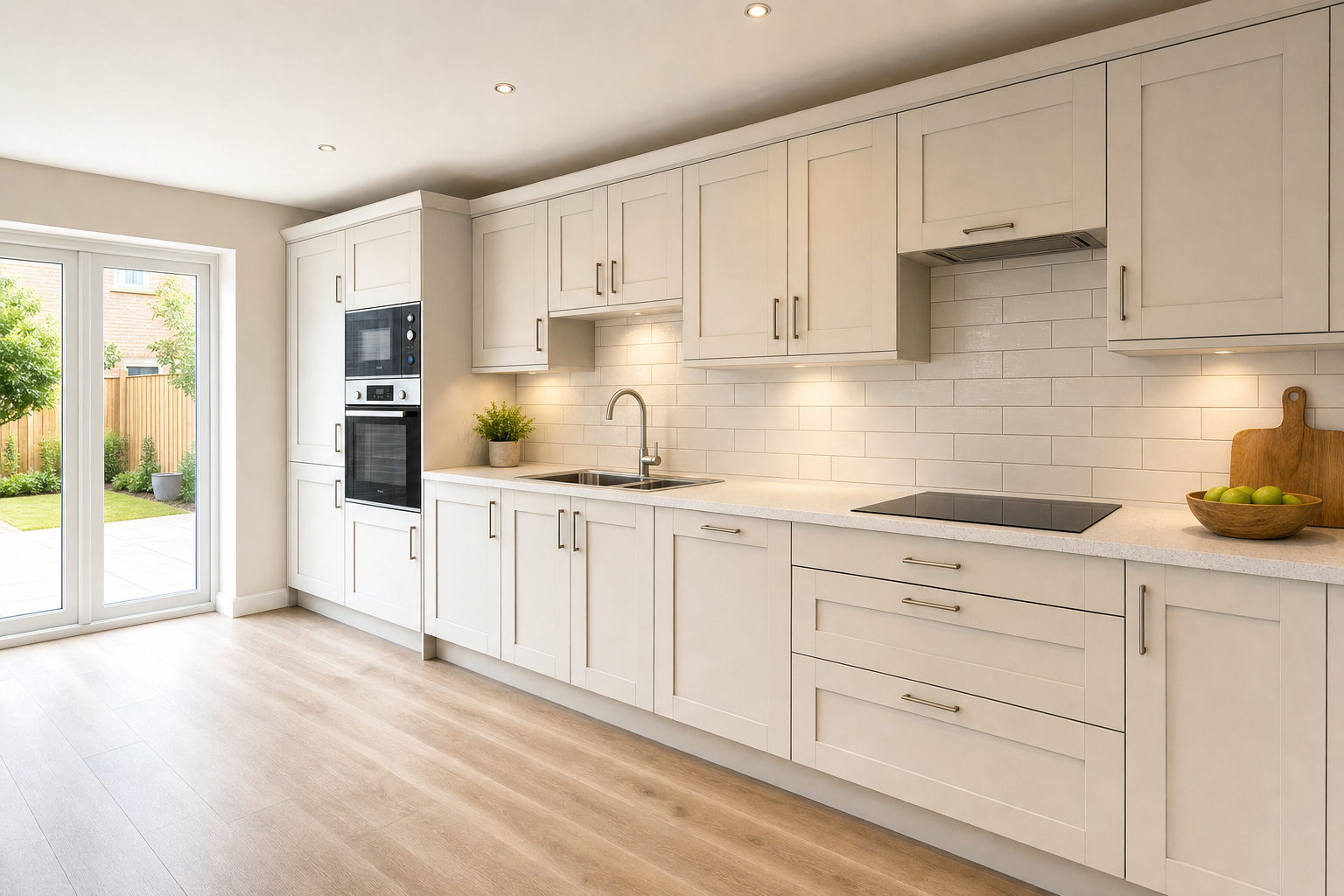 Modern kitchen with white cabinets, integrated appliances, and light wooden flooring overlooking a garden.