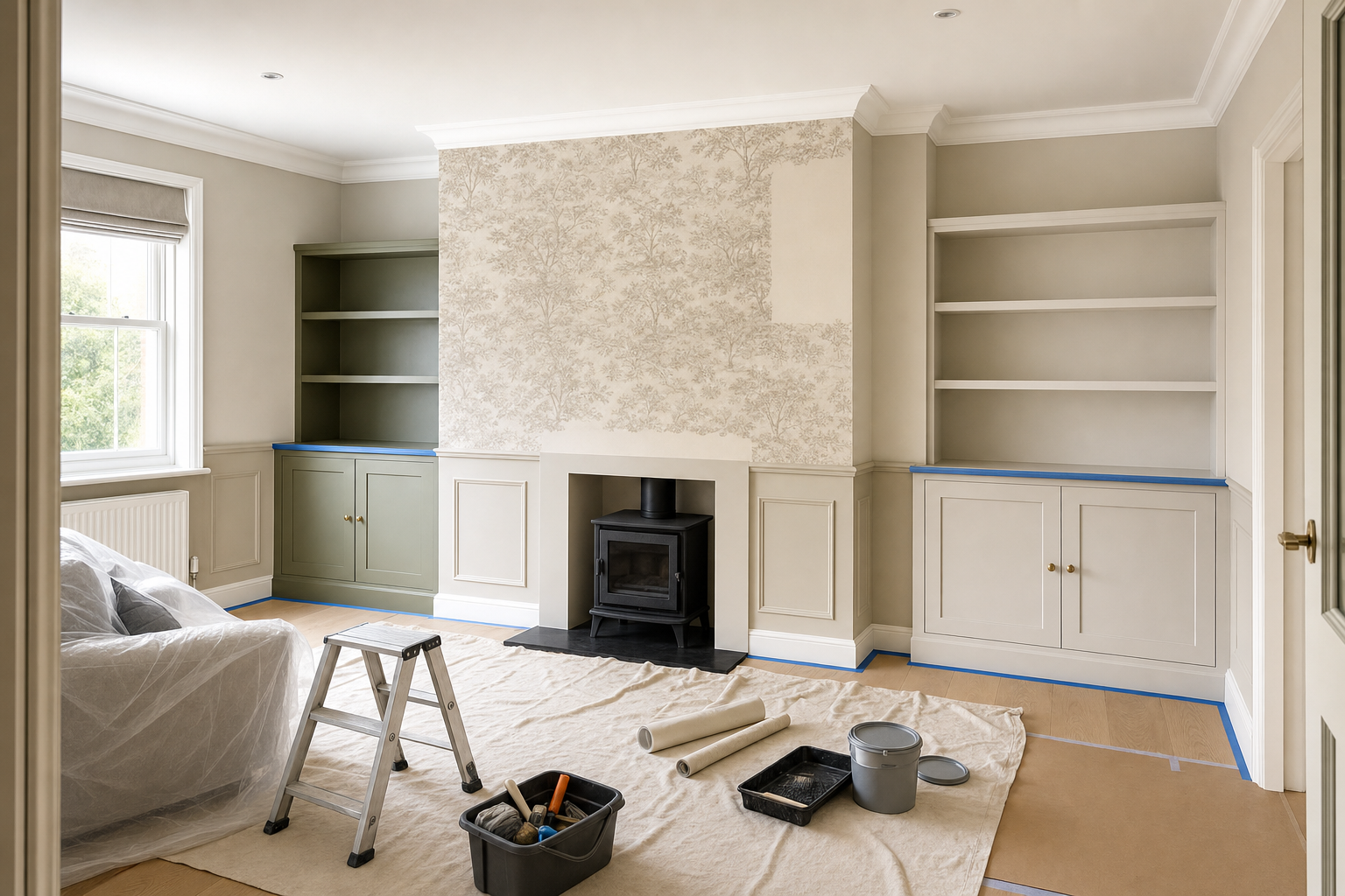 A living room undergoing renovation with a step ladder, paint supplies, and furniture covered for protection.