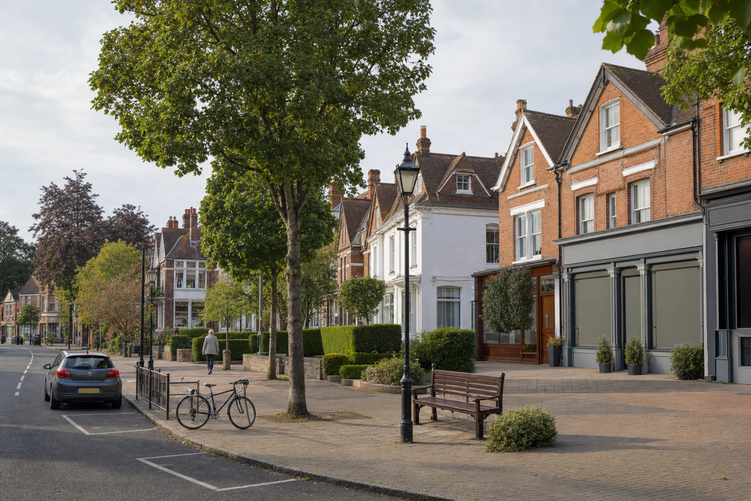 A quiet residential street lined with brick houses, trees, a parked car, and a bicycle on a sunny day.