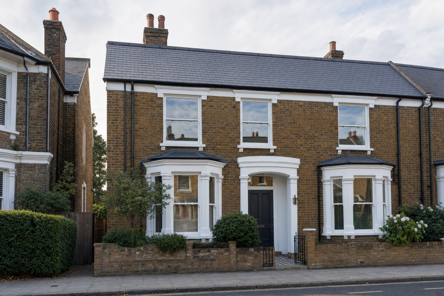 Two-storey Victorian terraced house with bay windows and a small front garden.