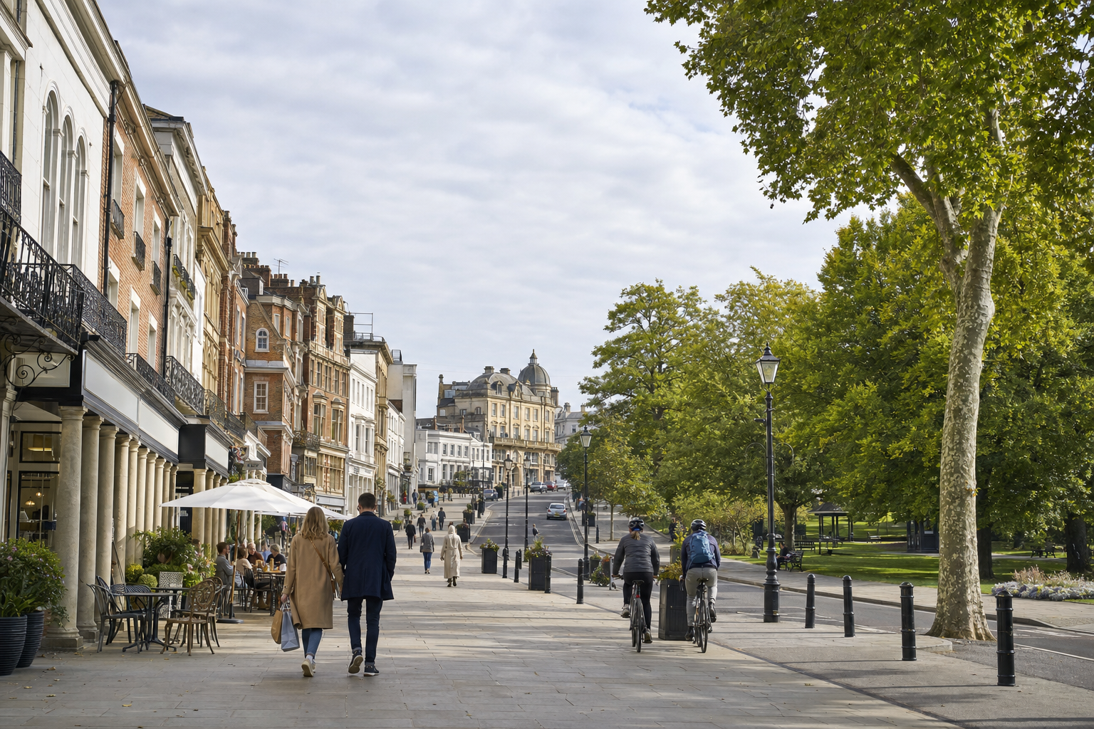 People walking and cycling along a picturesque street lined with historic buildings and outdoor cafés on a sunny day.