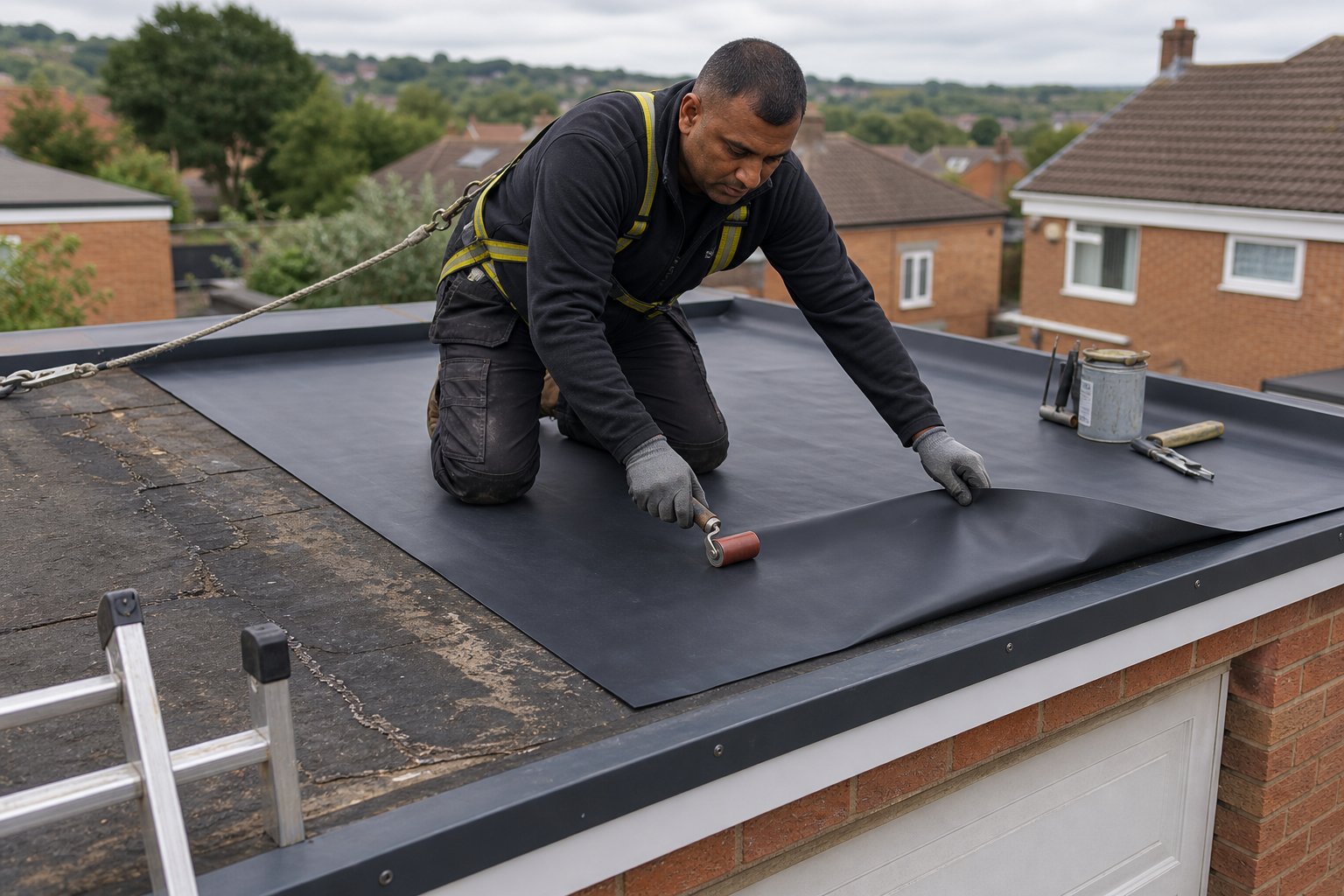 Worker applying roofing material with a roller on a flat roof.