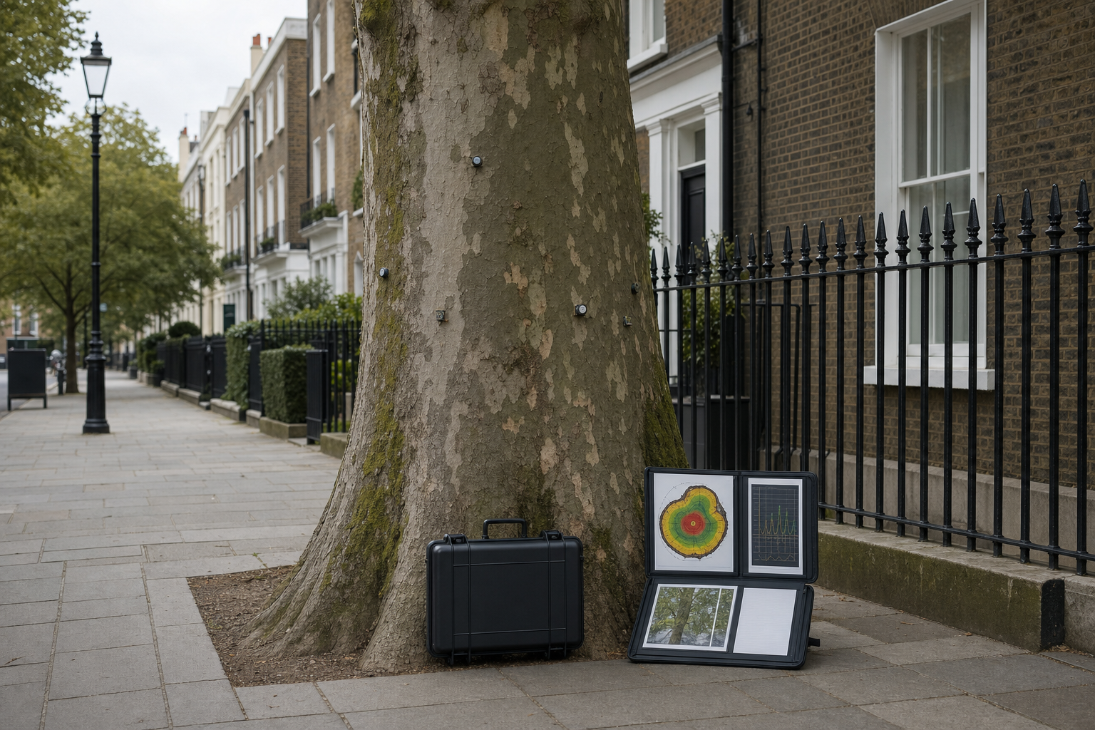 A large tree with monitoring equipment and charts displayed on the pavement beside a black case in an urban street setting.