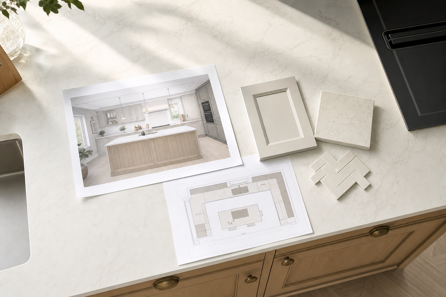 Kitchen renovation plan and materials laid out on a marble countertop.