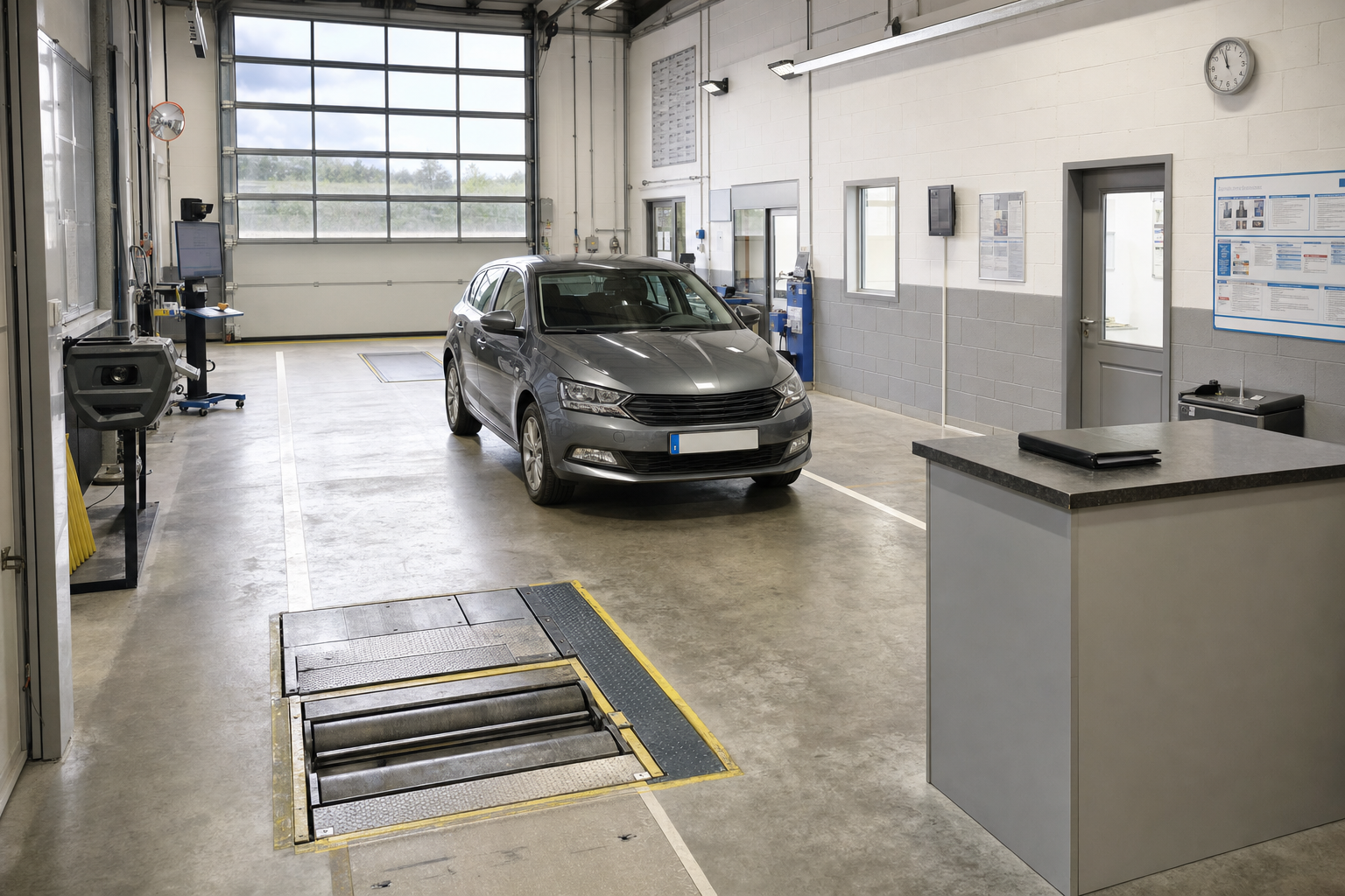 A grey car inside a brightly lit vehicle inspection garage with equipment and a desk.