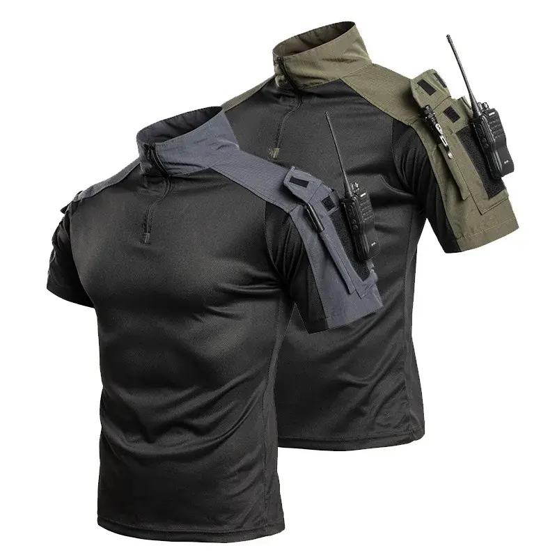 Men's Tactical Combat Shirt Short Sleeve 1/4 Zip Breathable Quick Dry Camo for