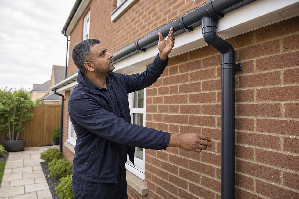A man inspecting a black gutter system on a red brick house exterior.