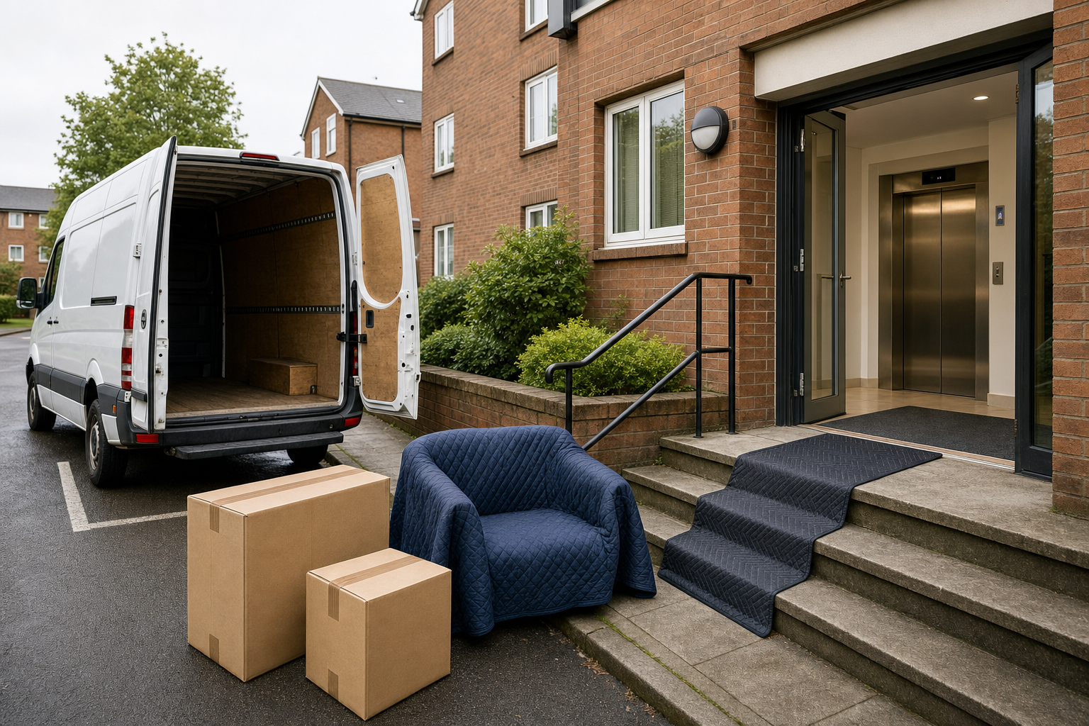 Open removal van beside boxes and a quilted armchair near a building entrance with a ramp leading to an open lift.