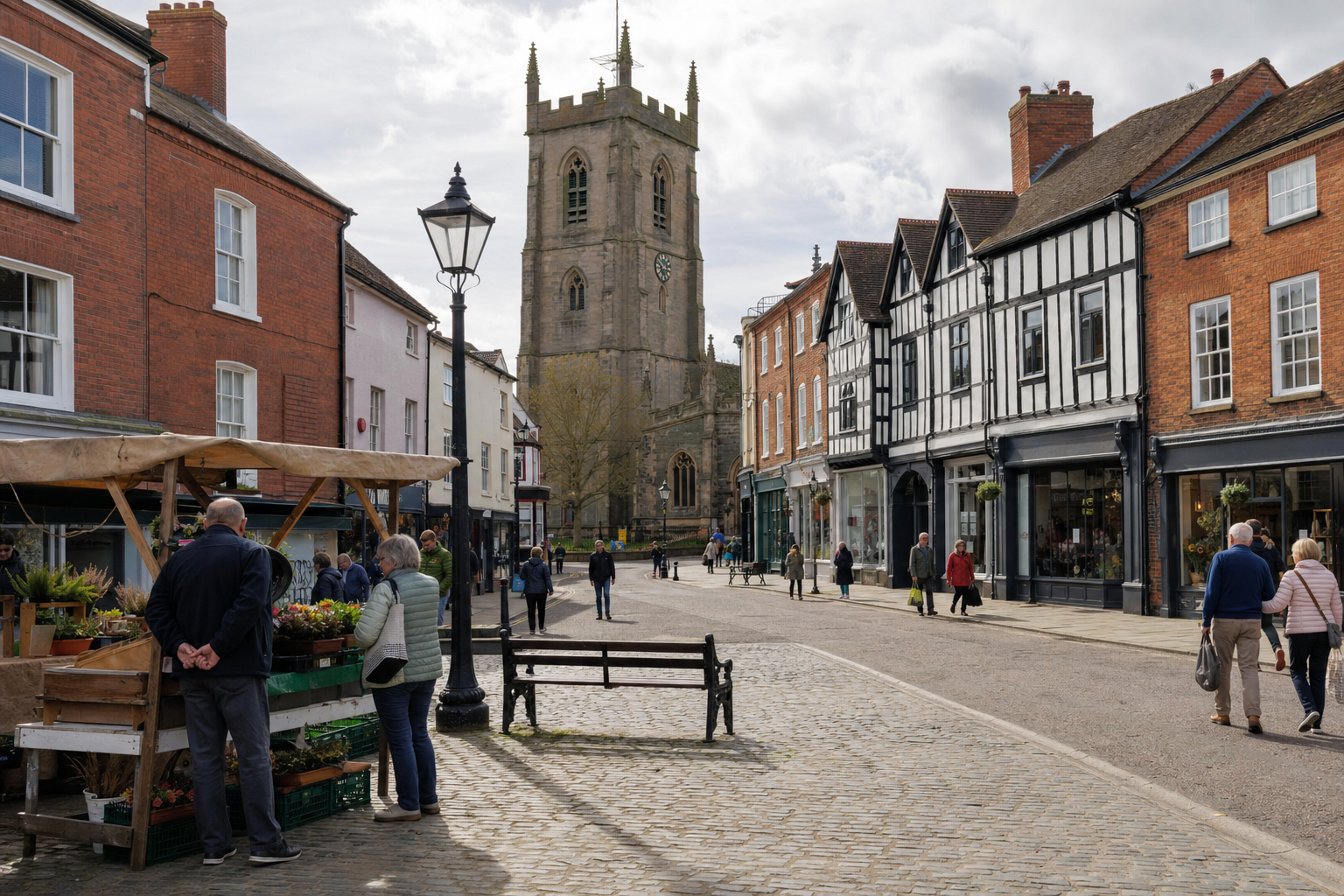 A cobblestone street lined with historic buildings and a church tower, with people browsing a market stall.