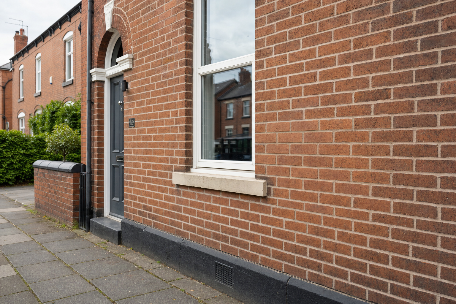 Red brick terraced house exterior with a dark grey door and a white-framed window on a quiet street.