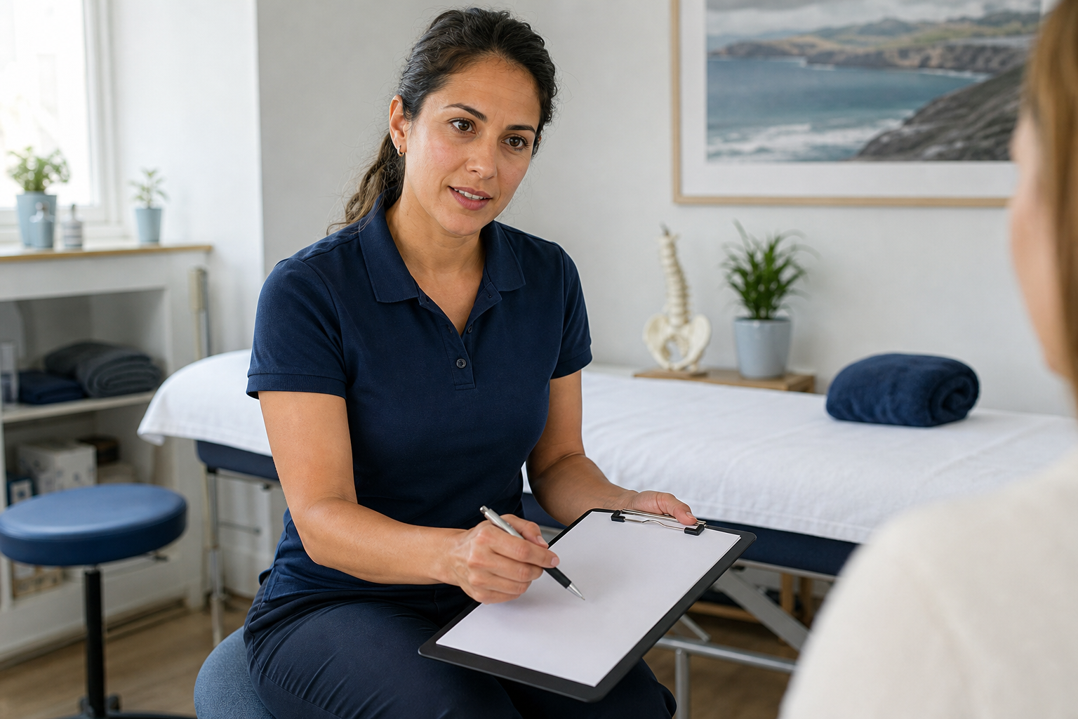 A physiotherapist in a consultation room holds a clipboard and pen, speaking to a patient.