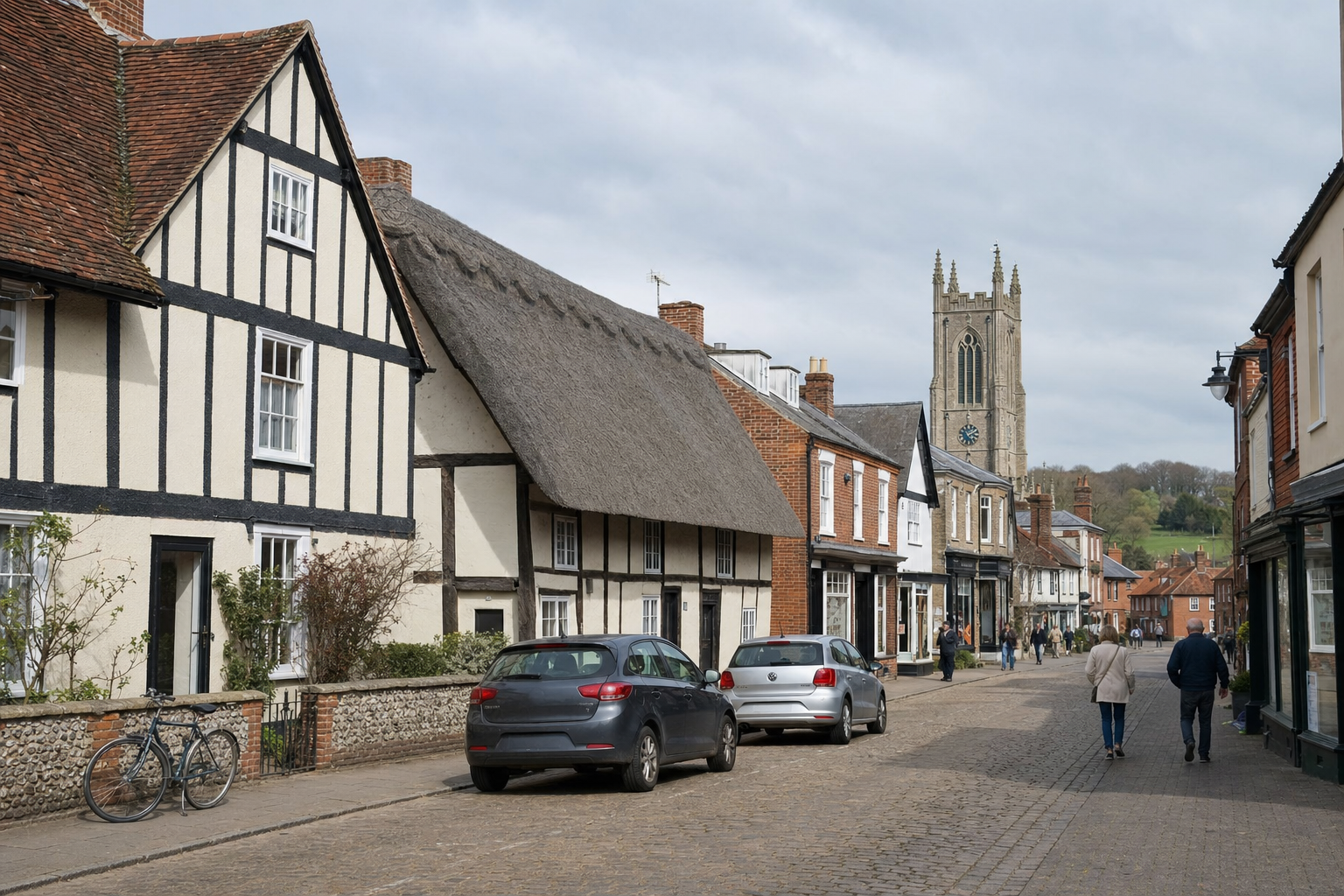 Quaint English village street with timber-framed houses and a distant historic church tower.