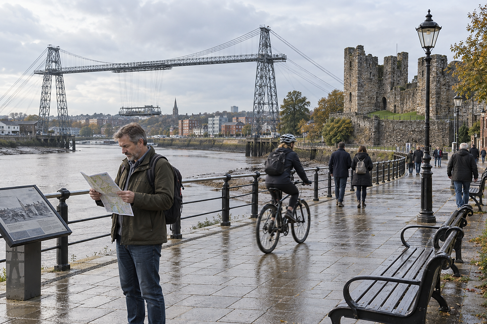 A man reading a map stands near a riverfront with a transporter bridge and ancient castle ruins in the background.