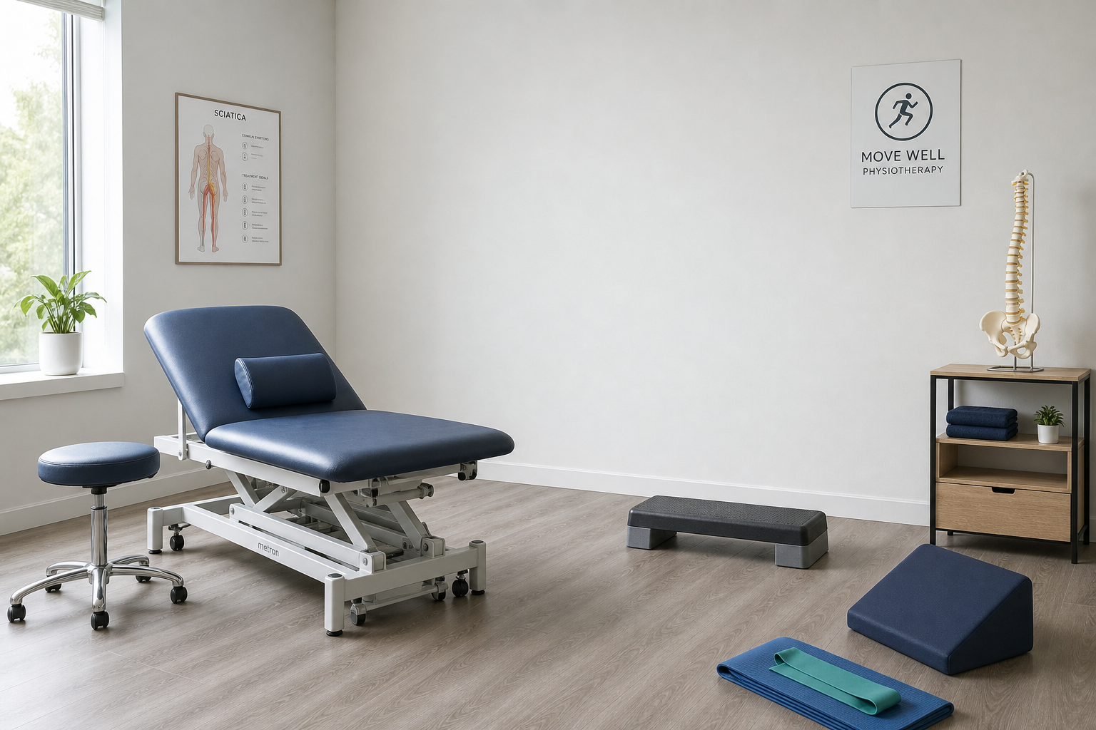 Physiotherapy room with an adjustable treatment table, chair, exercise equipment, anatomical posters, and a model spine.