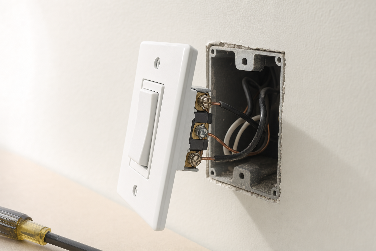 A partially installed light switch with exposed wiring in a wall alongside a screwdriver.
