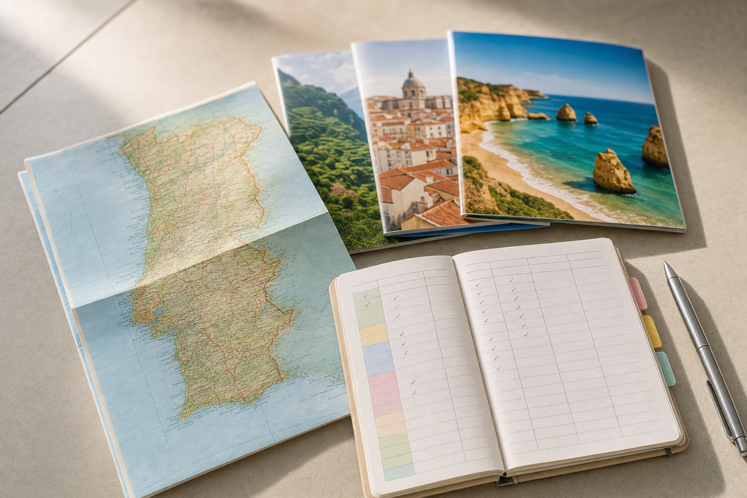Map of Portugal, travel brochures, and an open checklist notebook with a pen on a sunlit surface.