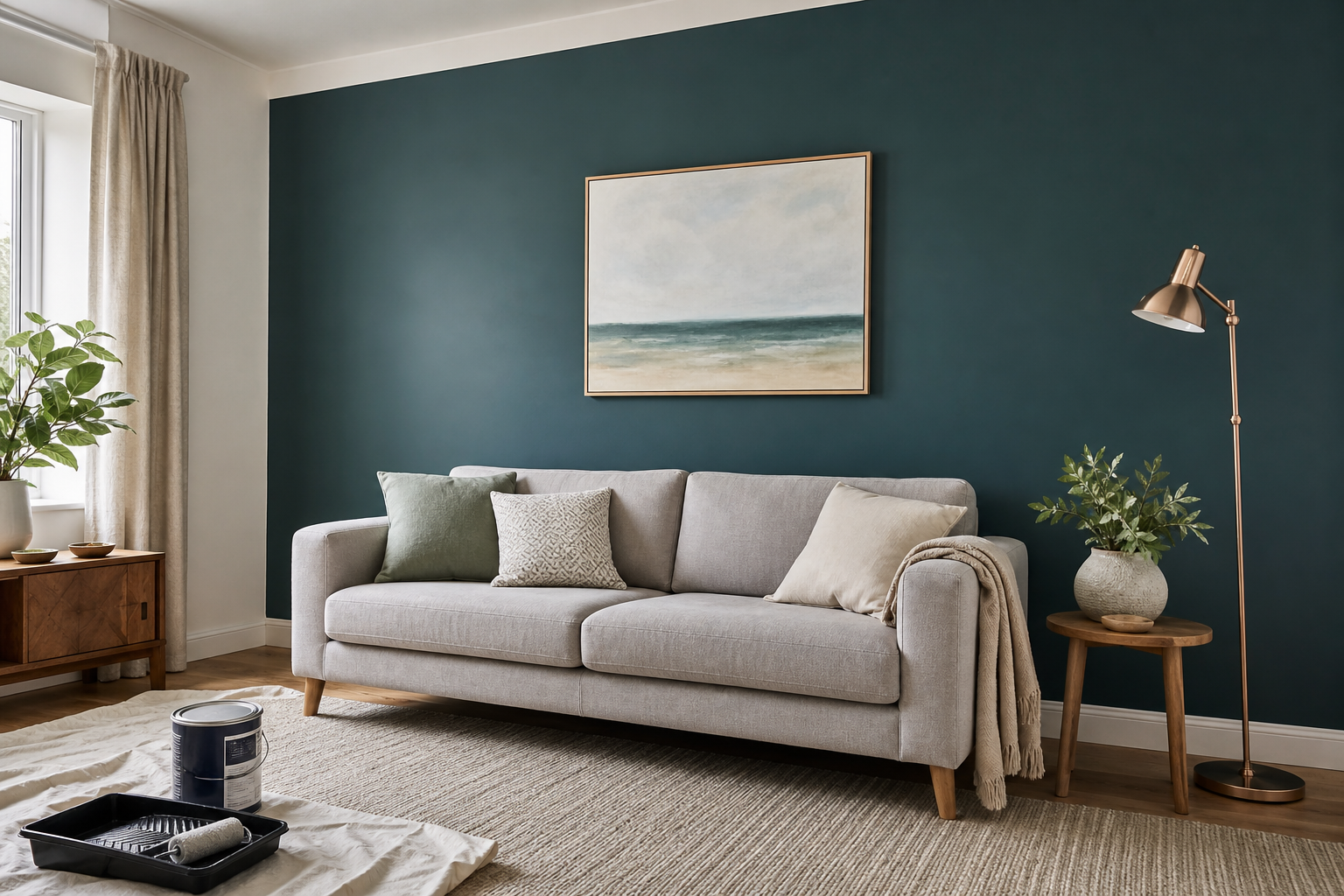 Stylish living room with a gray sofa, coastal artwork, and a metallic floor lamp against a dark green accent wall.