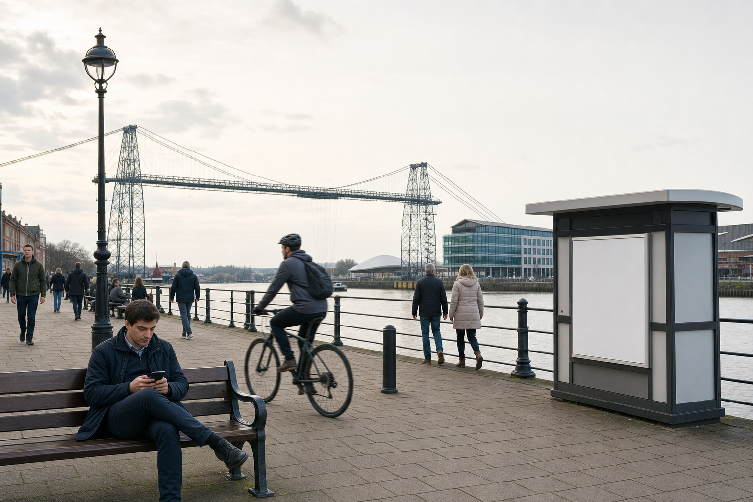 A man sits on a riverside bench using his phone, while a cyclist passes by with a transporter bridge in the background.