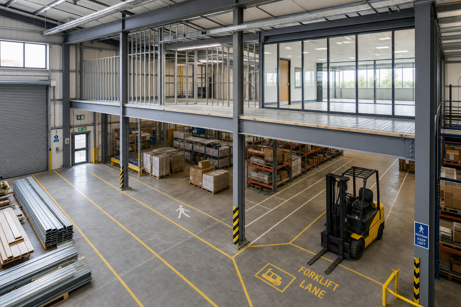 Modern warehouse interior with stacks of pallets, a mezzanine office, and a forklift in a marked lane.