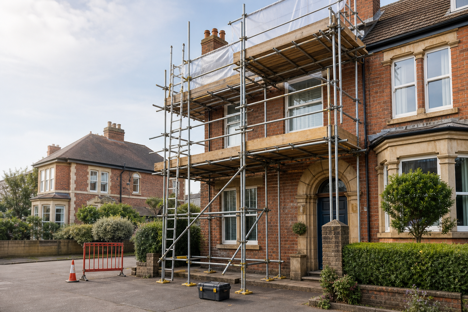 Scaffolding set up in front of a brick house for maintenance work.