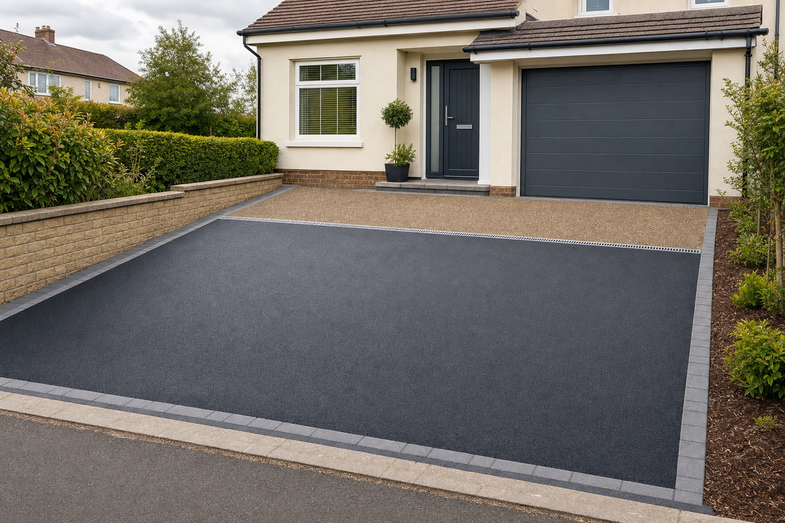A neatly paved driveway leads to a modern house with a dark grey garage door and entrance.