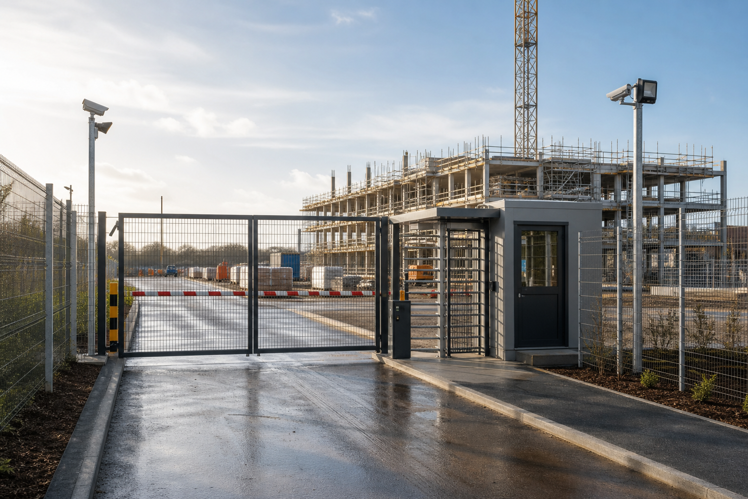 Construction site entrance with a metal gate, security cabin, and partially constructed building in the background.
