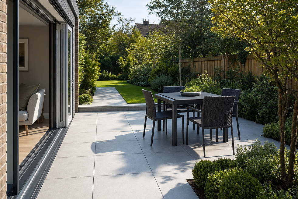 Modern garden patio with a dark dining set, bordered by lush greenery, with sliding doors leading to a cosy interior.