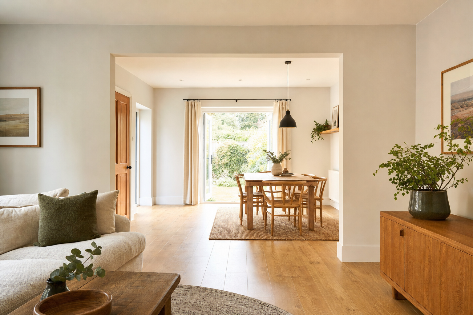 A cosy dining area with a wooden table and chairs, opening to a garden through French doors, in a bright, modern home.