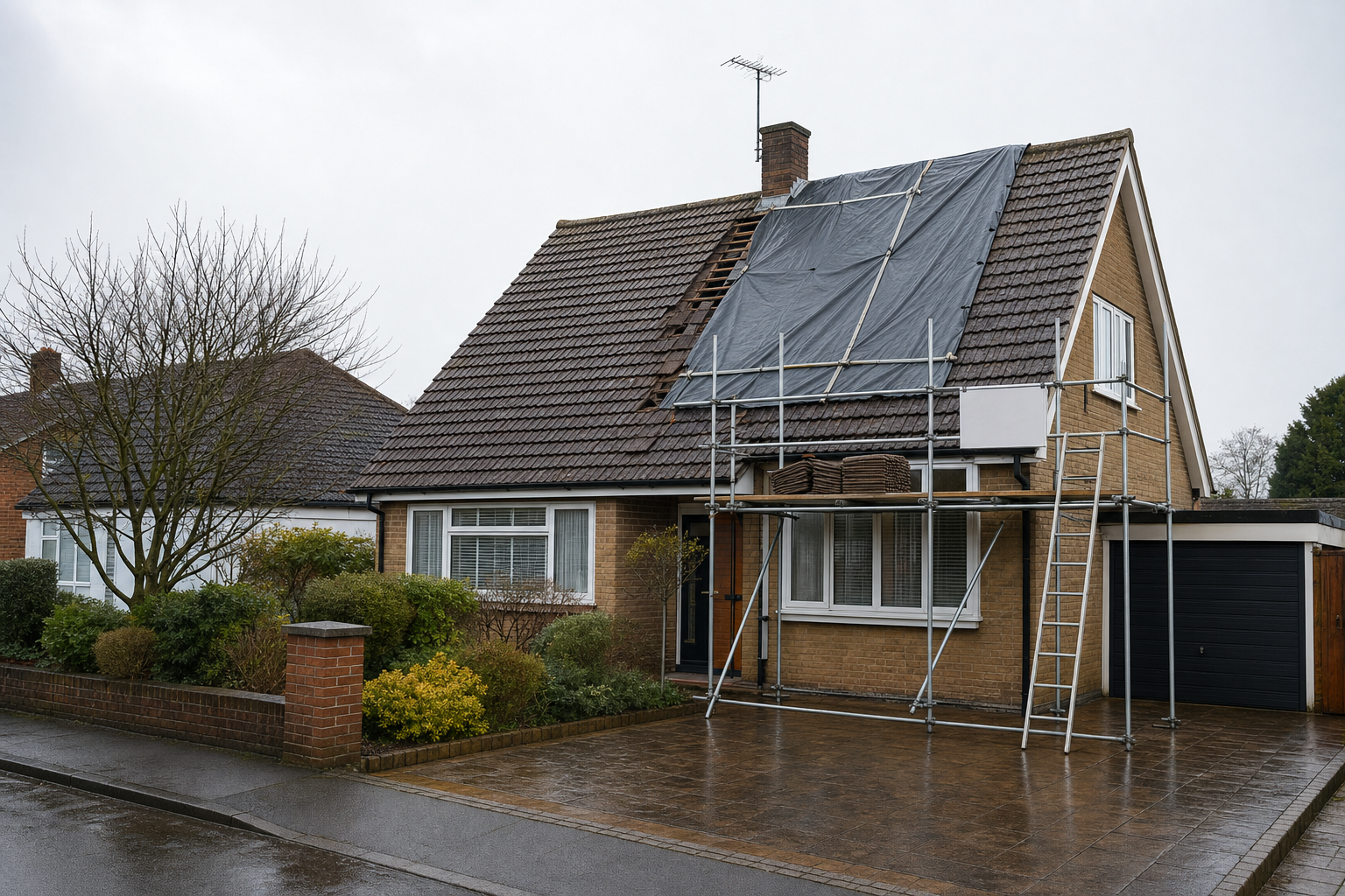 A house undergoing roof repairs with a tarp and scaffolding on a rainy day.
