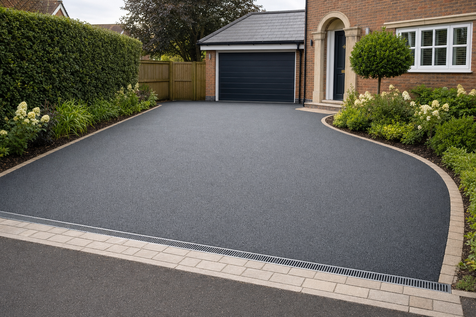 Neatly maintained driveway leads to a closed garage, with landscaped greenery on both sides.