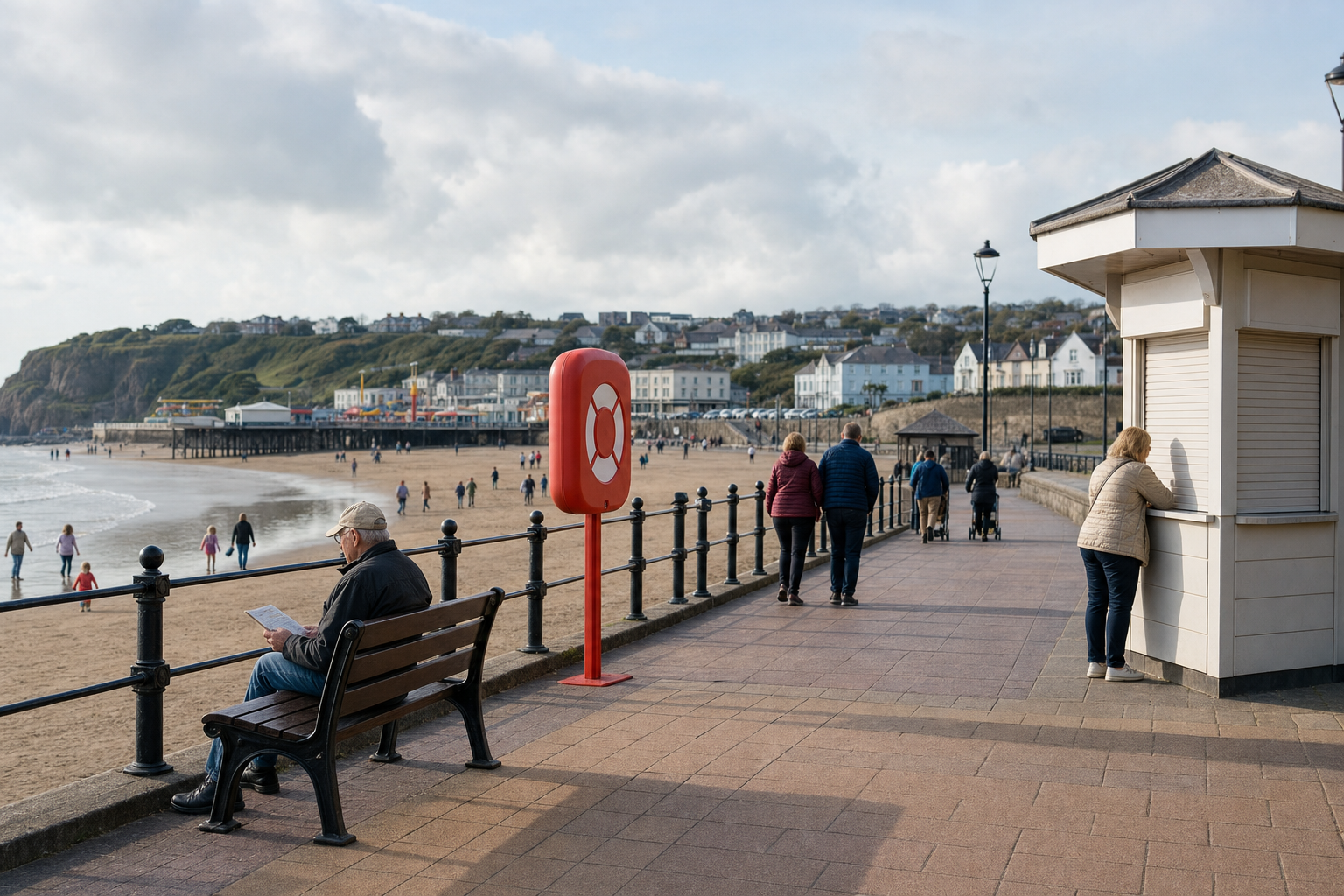 People strolling on a seaside promenade with one man sitting on a bench reading a newspaper.
