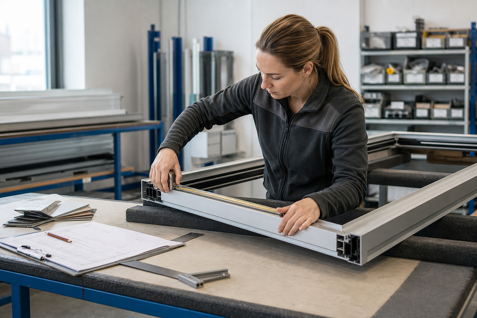 Woman measuring a metal frame at a workbench in a workshop.