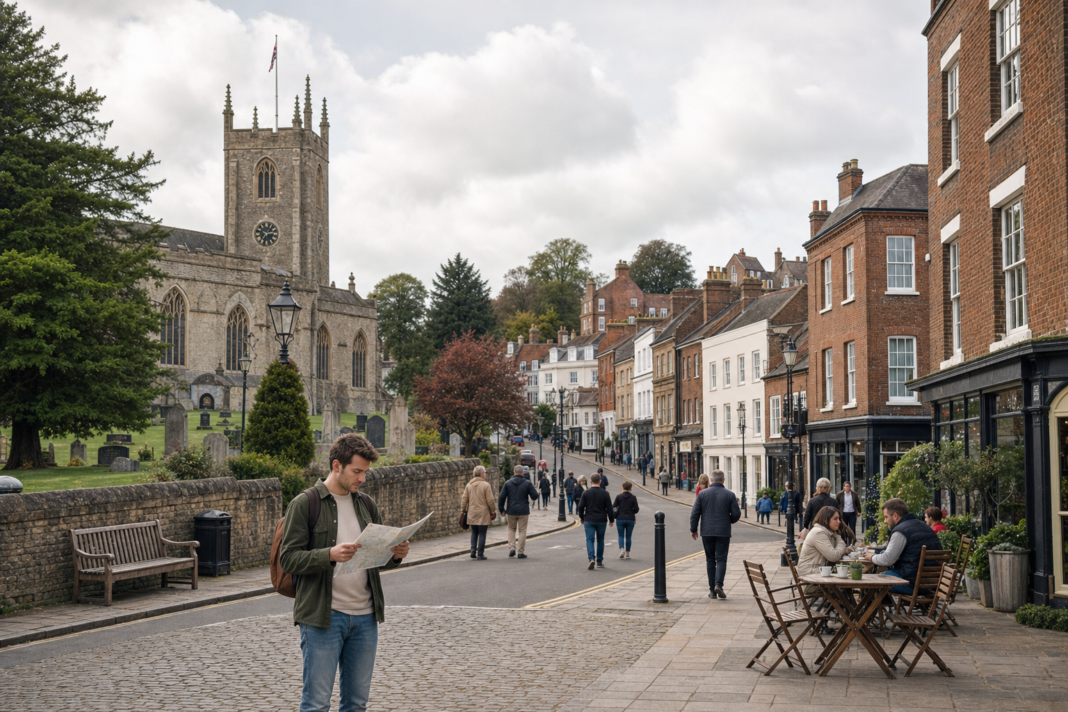 A man reads a map on a historic street with a church and people walking nearby, while others sit at an outdoor café.