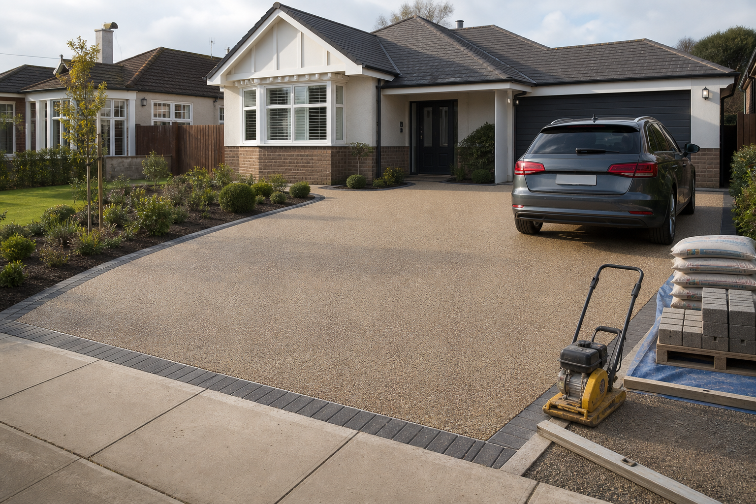 Modern bungalow with car in driveway, surrounded by landscaped garden and construction materials.